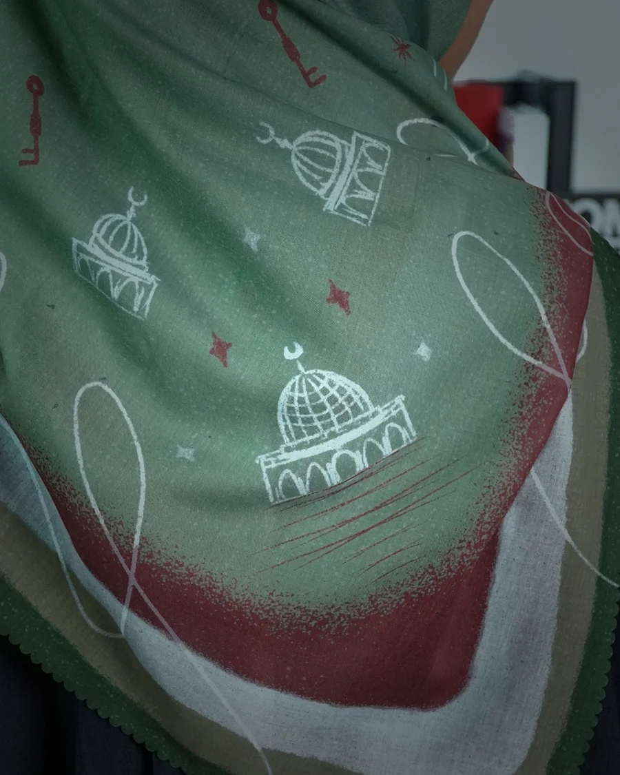 The Dome of the Rock, minarets and olive sprigs printed on the Palestina.id hijab